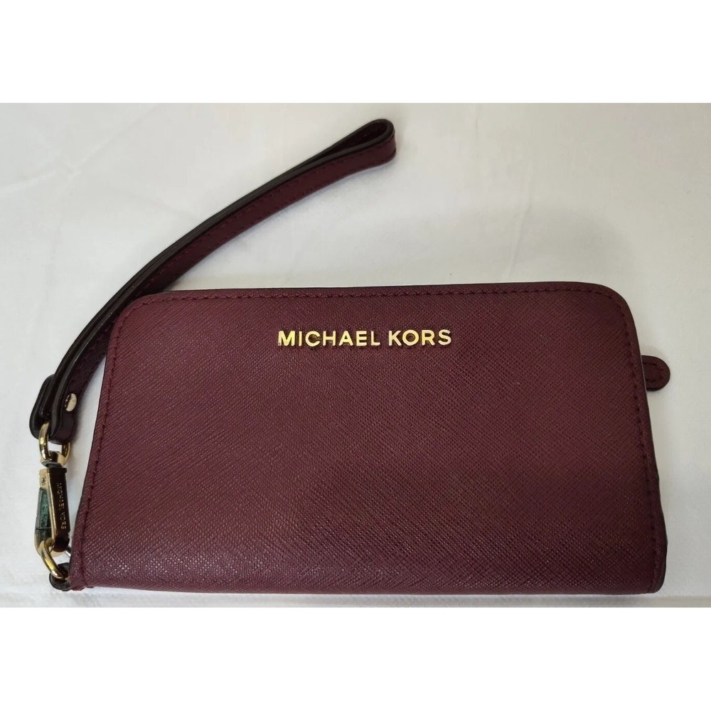 Michael Kors Jet Set Travel Dark Cherry Leather Large Double Zip Wristlet Wallet